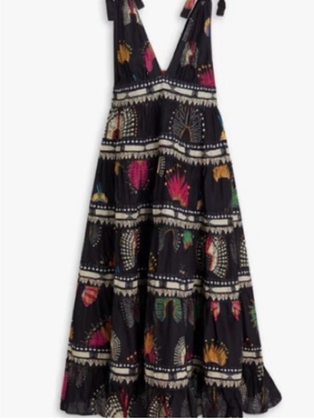 FARM Rio Black Tiered Midi Dress with Multicolor Sunburst Print - Picture 5 of 5